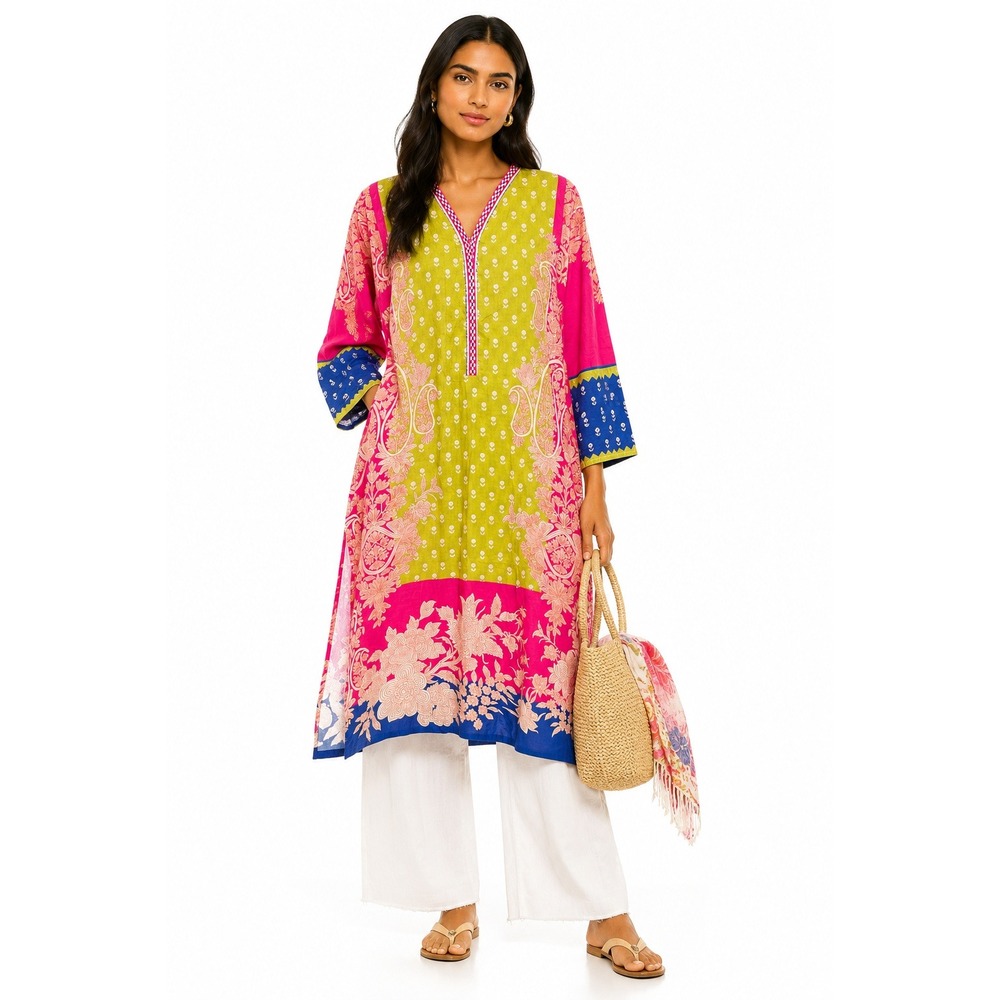 Khaadi Women Pink Lime Green Floral‎ Paisley Cotton Kurta Long Tunic Top 10 Boho